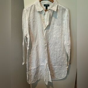 Lauren Ralph Lauren White Embroidered Cotton Button-Down Shirt Cover-Up Size L